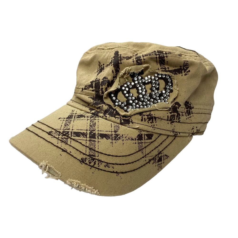 Leader Womens Tan Brown Rhinestone Crown Distressed Cap Hat